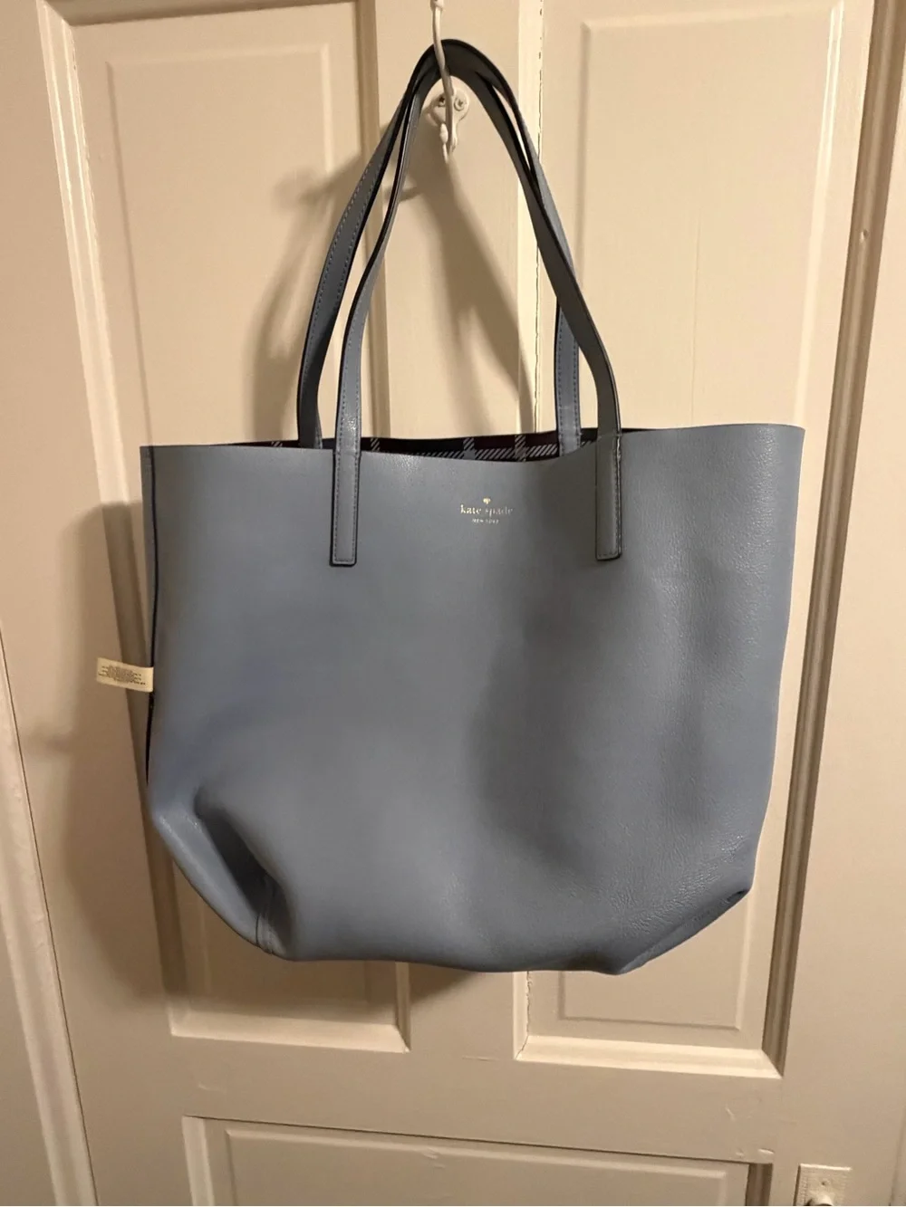 kate spade Plaid Leather Tote - Navy & Burgundy with Light Blue Handles